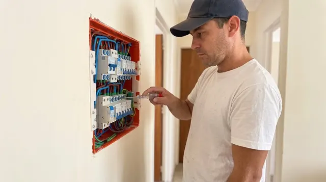 Electricista revisando un tablero eléctrico con buscapolo